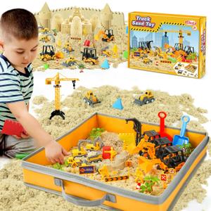 Sand Construction Kit with Big Foldable Sandbox and 2.2lbs Magic Sand, Truck Toys Including Castle Molds and Other Accessories - 36Pc Set for Kids 3+