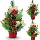 3 Pack 12 Inch Mini Christmas Tree, Table Top Christmas Trees with Red Berries Pine Cones Bows Norfolk Pine Tips, Tabletop Miniature Trees for Christmas Table Decorations Desk Home Indoor Xmas Decor