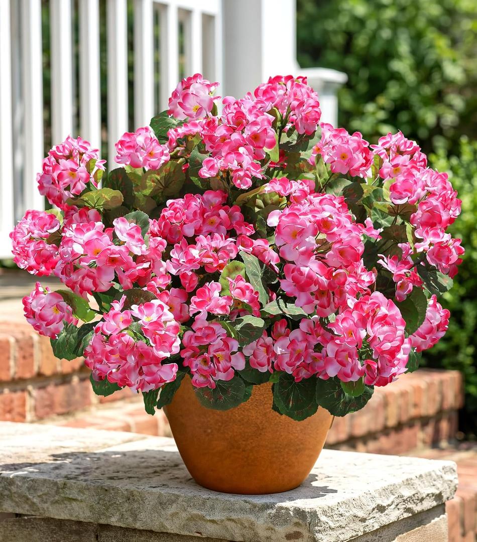 Artificial Geranium Fake Flowers for Outdoors Decoration, 6 Bundles Silk Geraniums Pink Flower UV Resistant Look Real Faux Plants for Outside Planter Front Door Garden Porch Patio Balcony Yard Home