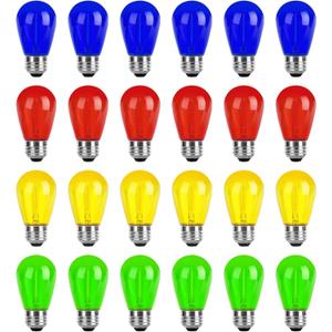 Christmas Light Bulbs 24-Pack S14 Colored LED String Light Bulbs Replacement, E26 Base 1W Plastic Shatterproof Waterproof, Christmas Light Bulb Red, Green, Yellow, Blue (Multi-colored-120v)