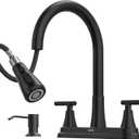Hurran 8-Inch 2 Handle Pull Down Kitchen Faucet with Soap Dispenser, High Arc 2-in-1 Spray/Stream Stainless Steel Kitchen Sink Faucet for 3-4 Hole Widespread Installation, Matte Black