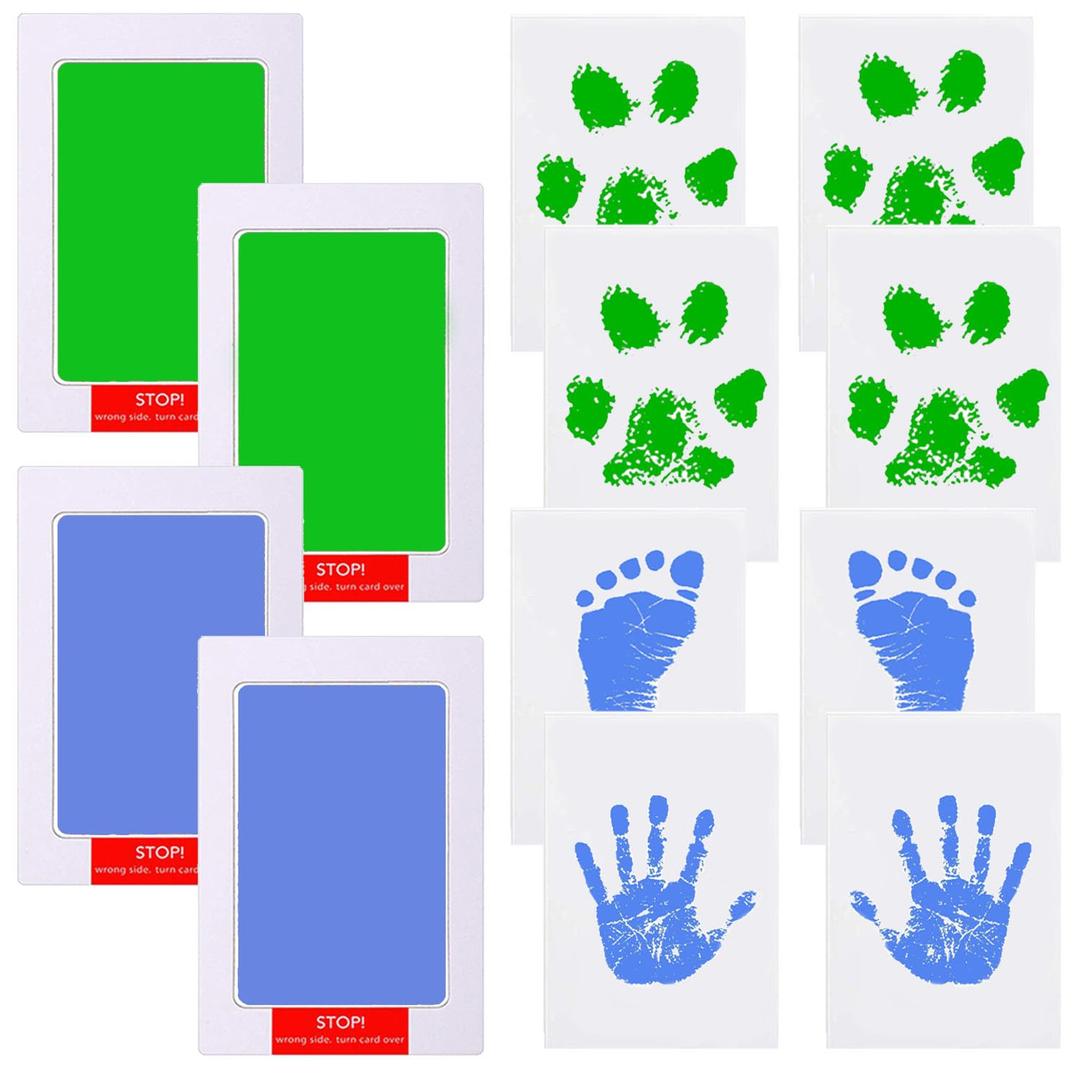 Inkless Hand and Footprint Kit Clean Touch Ink Pad for Newborn Baby Pet Paw Print Kit(4 Ink Pads,8 Imprint Cards) (2 Pack Blue and 2 Pack Green)