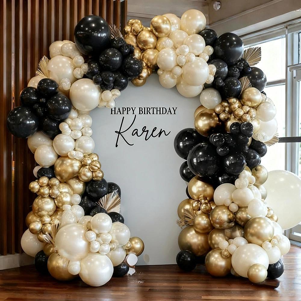 Black White Gold Balloon Garland Double Stuffed, Pearl Sand Champagne Gold Balloons Cream Beige Balloon Arch Kit for Birthday Graduation Wedding Bachelorette Engagement Party Decorations, 18in 12in 5in