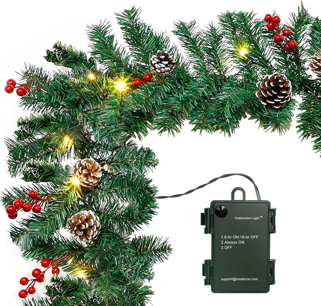 10FT Christmas Garland with 50 LED Lights - Pre-lit Outdoor Xmas Garland - Battery Powered Waterproof String Light with Timer - Pine Garland with Red Berries Snow Pine Cones - 10 Foot by 10 Inch (1pc, Traditional Green+led)