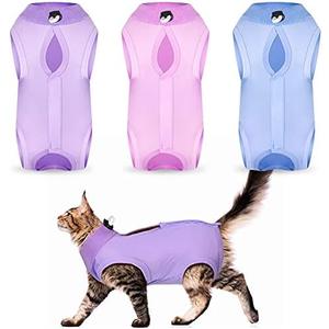 Nuanchu 3 Pieces Cat Recovery Suit Kitten Recovery Suit E-Collar Alternative for Cats and Dogs Abdominal Skin Anti Licking Pajama Clothes Sets(Small,Solid Style,Purple Pink Blue), S