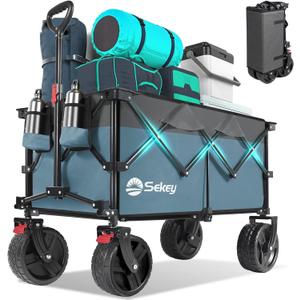Sekey 220L Wagons Carts Foldable with Big All-Terrian Beach Wheels, Collapsible Heavy DutyWagon with Cup Holders, Extra Large Folding Wagon,Foldable Wagon for Camping, Garden, Sports.Blue&Gray