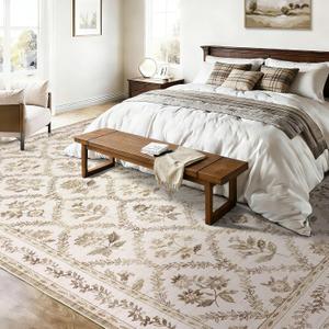 Tan Brown Living Room Rug 5x8 Soft Boho Rug, Light Coffee Boho Farmhouse Counrty Distressed Non-Slip Faux Wool Carpet, Machine Washable for Dining Dorms Room, Beige Tan Floral Floor Covering