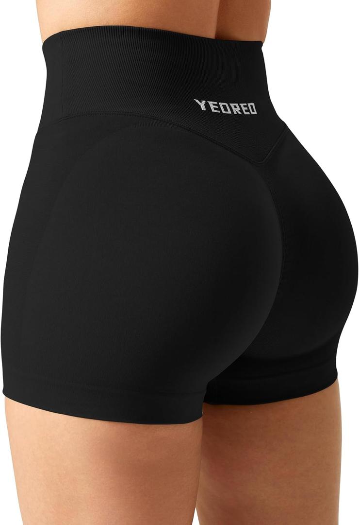 YEOREO Scrunch Butt Workout Shorts Women 3.5" Seamless V Cross Waist Sport Gym Amplify Shorts (Small, Black)