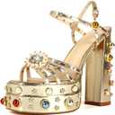 Feinlina Women Rhinestone High Chunky Platform Open Toe Block Heels Gems Detail Fashion Green Pink Floral Print Embroidery Ankle Strap Dress Wedding Party Pump Sandals (10, Gold)