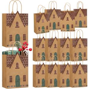 Marspark 24 Pcs Christmas Gift Bags Gingerbread House Gift Bag Vintage Christmas Paper Party Candy Treat Goodie Bags with Handle Brown Kraft Party Favor for Holiday Wrapping Present