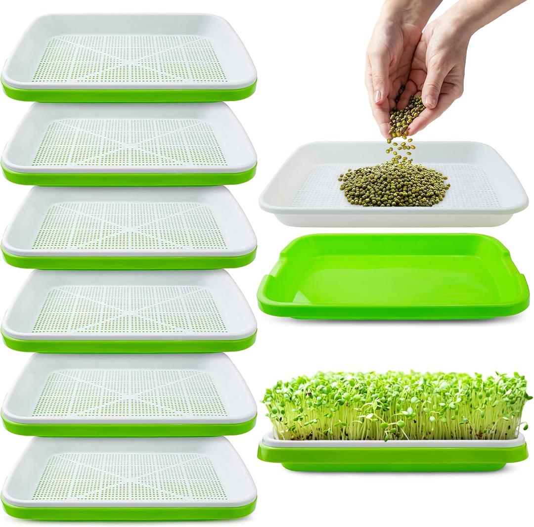 Pack 6 of Seed Sprouter Tray with Drain Holes,Seed Germination Tray Kit BPA Free Nursery,Soil-Free Wheatgrass Sprouter Microgreens Growing Kit (Green-6 Pack)