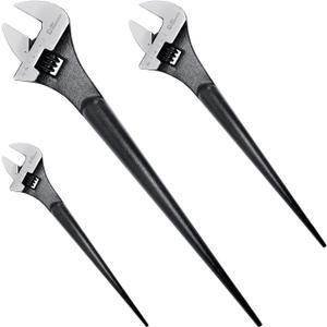 3-Piece Adjustable Construction Spud Wrench Set, 10-inch, 12-inch, 16-inch, SAE and Metric Scale Marked, CR-V Steel with Black Oxide Finish, Alignment Holes and Tail Crowbar Features