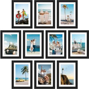 DecorUhome 5x7 Picture Frame Set of 10, Display Photos 4x6 with Mat or 5x7 Unmatted for Picture Frames Collage Wall Decor, Black