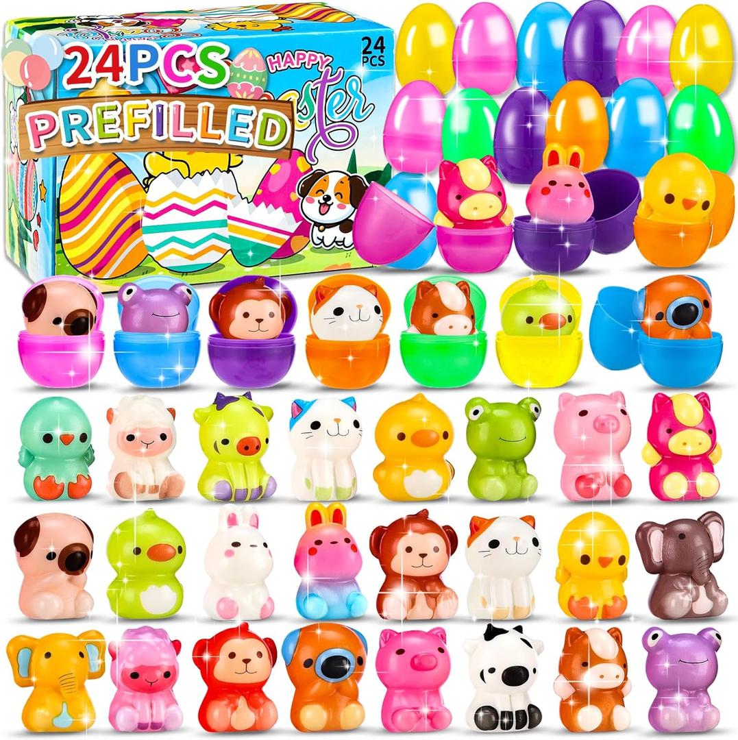 24 Pcs Prefilled Easter Eggs for Kids with Animal Squishy Toys, Easter Eggs Filled for Egg Hunt, Basket Stuffers & Goodie Bag Fillers, Classroom and School Prize Supplies
