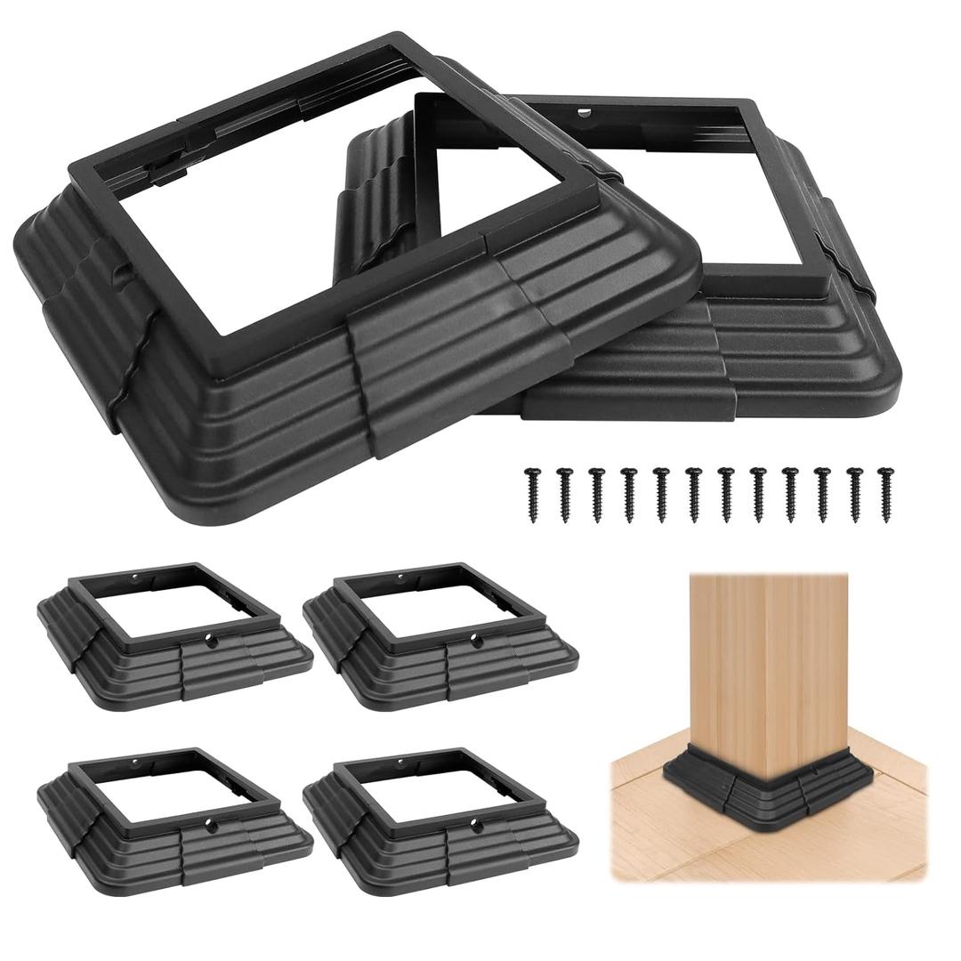 6pcs 4x4(Actual: 3.5"x3.5") Post Base Cover, Split Style Vinyl Post Skirt Black for Iron Stair railings, Balcony railings,Patios, Porches (Black)