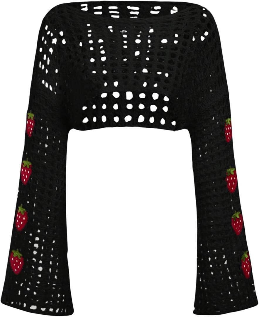 SHENHE Women's Strawberry Top Y2k Knit Shrug Sweater Crochet Crop Hollow Out Long Sleeve See Through Sweater Tops (Large, Black)