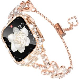 KADES Band & Case Designed for Apple Watch Series 46mm 45mm 44mm 42mm 41mm 40mm 38mm for Women, Metal Strap with Bling Rhinestone Screen Protector Cover for iWatch 10 9 8 7 6 5 4 SE SE2 3 2 1