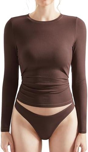 OMKAGI Women Long Sleeve Shirts Cotton Ribbed Fitted Basic Tops Crewneck Y2K Top, L