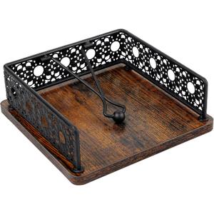 Wooden Napkin Holder for Table, Farmhouse Napkin Holder with Weighted Arm Iron Ball, and Vintage Sunflower Edging for Kitchen, Home, Countertop, Bar, Restaurant (Black Iron with Wood)