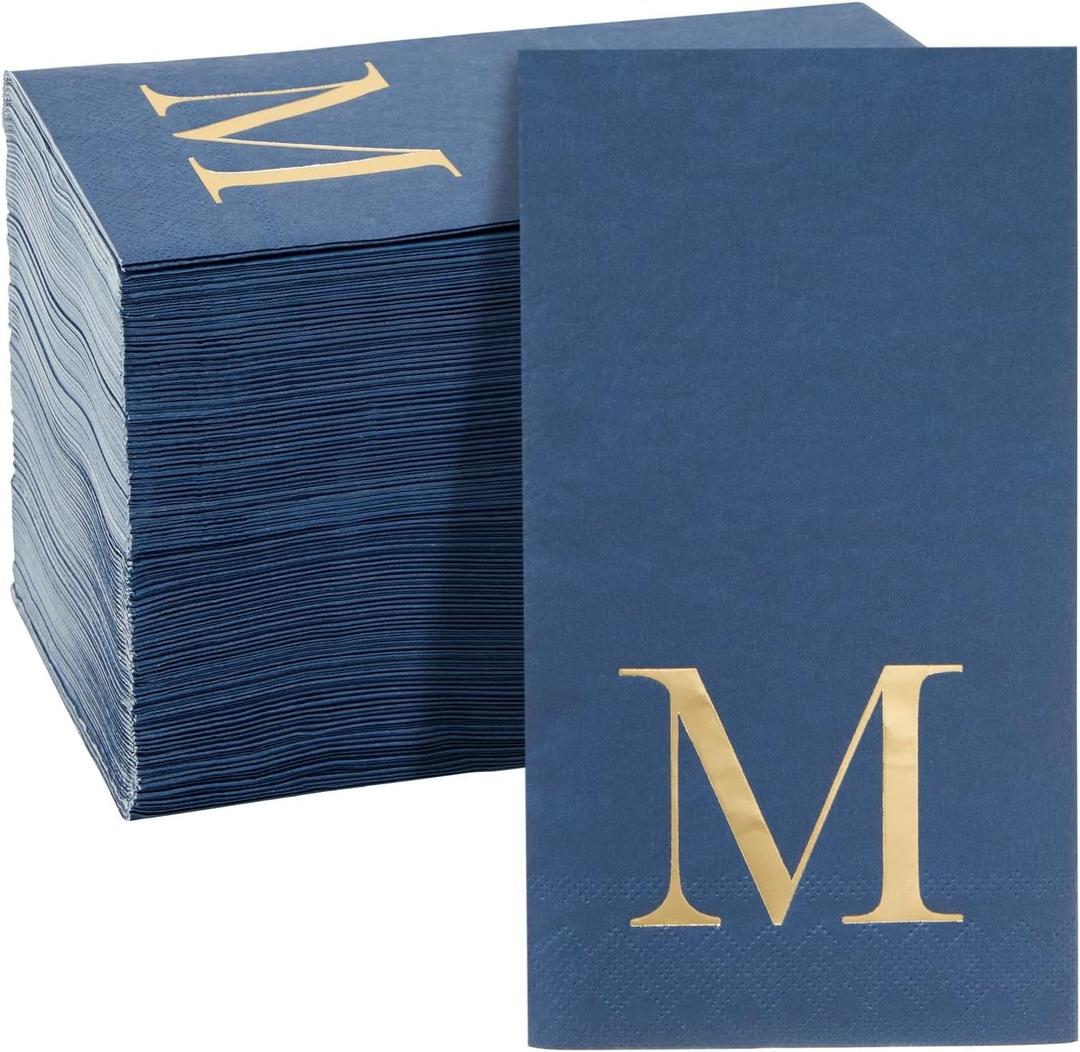 Sparkle and Bash 100 Pack Navy Blue Monogrammed Napkins with Letter M - Dinner, Wedding Reception, or Engagement Party - Disposable Navy Blue Paper Napkins (4x8 Inches)