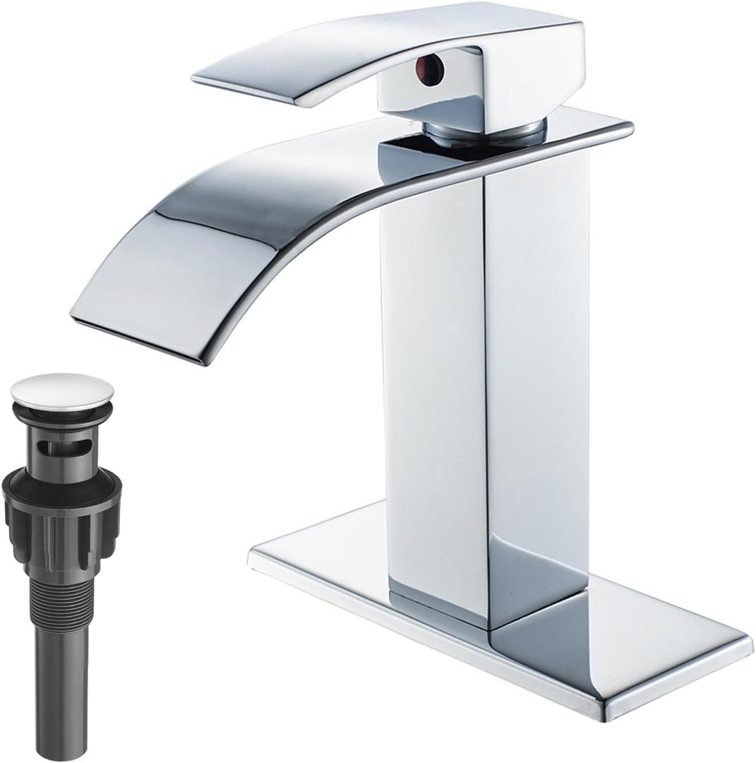 VOTON Chrome Bathroom Faucets Waterfall Bathroom Sink Faucet Modern Single Handle Bathroom Faucet for 1 or 3 Holes with Deck Plate and Pop-Up Drain, Rv Sink Camper Farmhouse Bathroom Faucet (Regular Single Handle - 7.5 inches height)