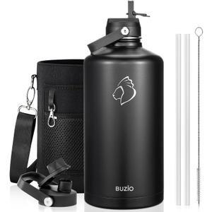 BUZIO 1 Gallon Water Jug with Straw Handle Lid, 128oz Water Bottle Stainless Steel Double Wall Hydro Jug 18/8 Food Grade Thermo Mug Keep Cold 48H & Hot 24H, Black