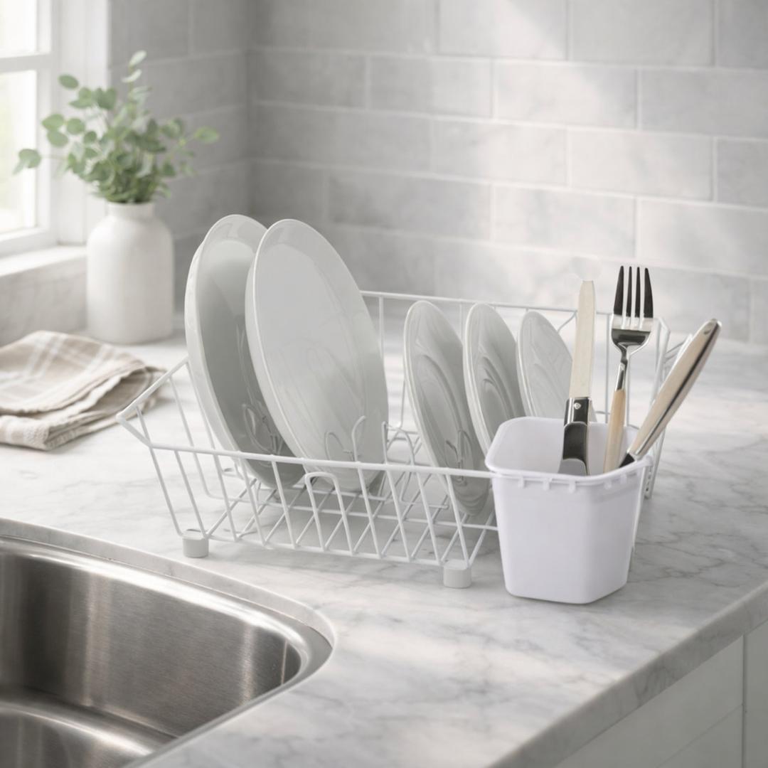 oggi Dish Drainer With Utensil Caddy, 12.5"x14.4"x5.4", White