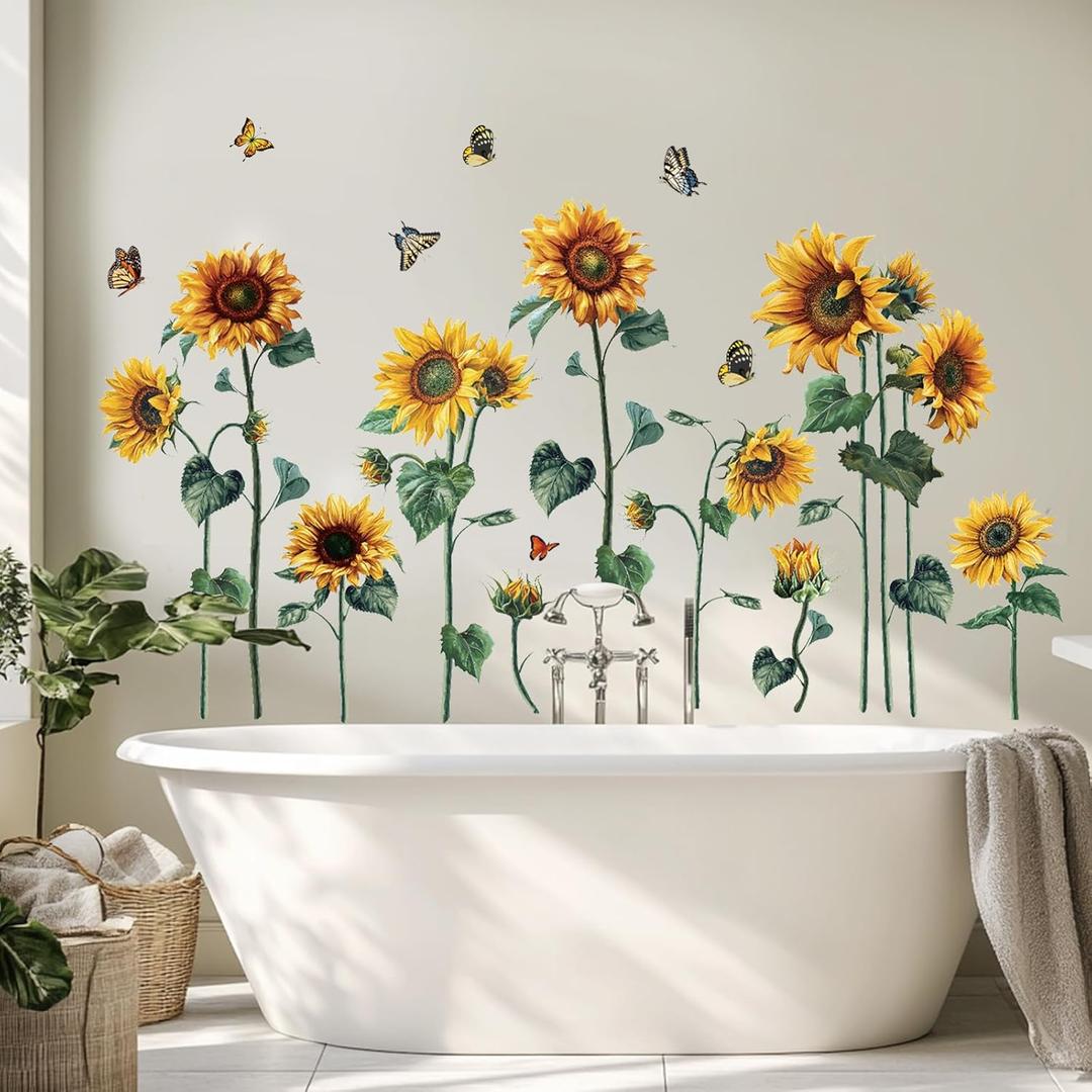 Watercolor Sunflower Wall Sticker Peel and Stick Flower Butterfly Wall Decal Vintage Floral Plant Wall Art Mural Green Leaf Wall Stickers for Living Room Bedroom Decor (Yellow)