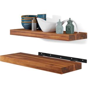 BATODA Set of 2 17" Acacia Wood Floating Shelves Wall Mounted  Rustic Farmhouse Wooden Wall Storage Shelf for Bedroom, Kitchen, Home Dcor - Brackets and Shelving Mounting Hardware Included