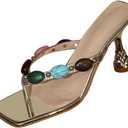 MakeMeChic Women's Gold Kitten Heels Summer Beach Thong Sandals Square Toe Jeweled Flip Flop (6.5)