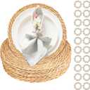 20 Pcs 12 Inch Round Woven Placemats with 20pcs Pearl Napkin RingsRattan Placemats Bulk Boho Woven Chargers Natural Water Hyacinth Place Mat for Wedding Party, Dinner Table