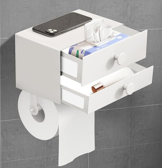 SEHAUSEU Double Toilet Paper Holder with Shelf,Two Drawers for More Capacity,Toilet Paper Holder Wall Mount Fits for Bathroom Wipes Storage,Flushable Rustproof SelfAdhesive (White)
