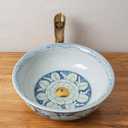 Ceramic Bathroom Vessel Sinks Vintage100% Hand Painted Blue and White Porcelain Flowers, and fishs Round Sink Bowl For Vanity Top (Green blue)