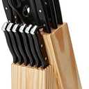 Farberware Triple Riveted Knife Block Set, 15-Piece, Black Pine, High Carbon-Stainless Steel Blades, Ergonomic Handles, Includes Natural Pinewood Block