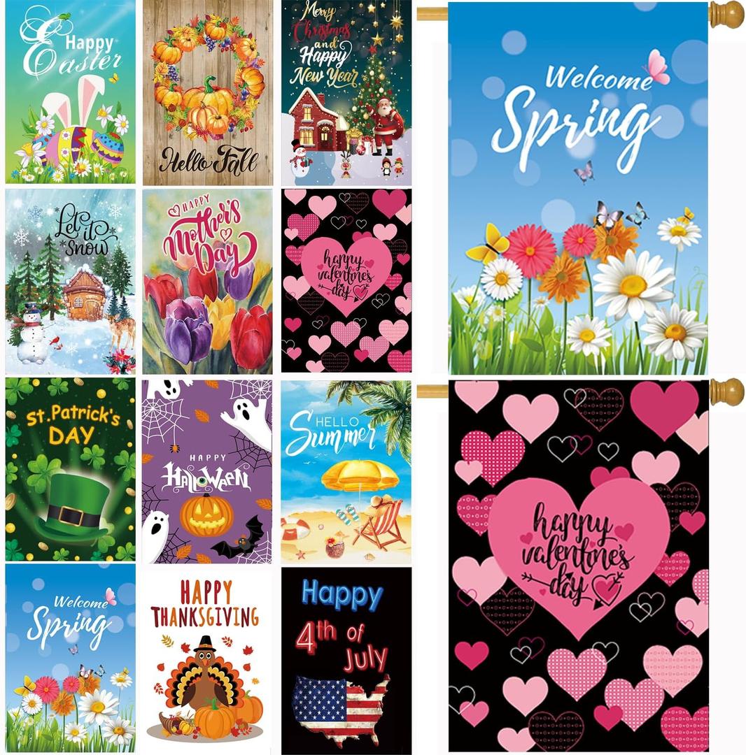 CDLong Seasonal Garden Flag Set of 12 - Double Sided 28 x 40 Inch Large Yard Flags, Outdoor Holiday Decorations for All Seasons, Christmas, Spring, Summer, and Fall - Big House Flags for Outside Decor