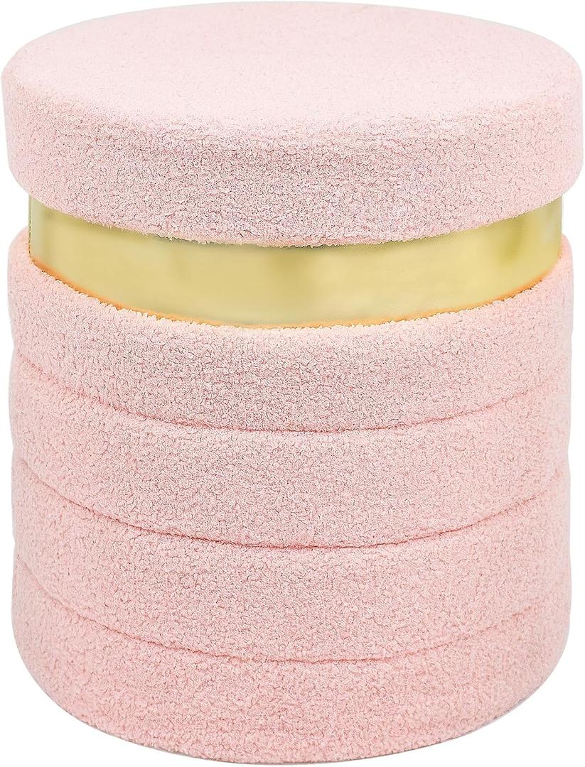Round Ottoman with Storage, Foldable Vanity Stool with Soft Padded, Boucle Foot Stool for Dorm Room, Living Room and Bedroom, Pink, 15.7" x 17"H