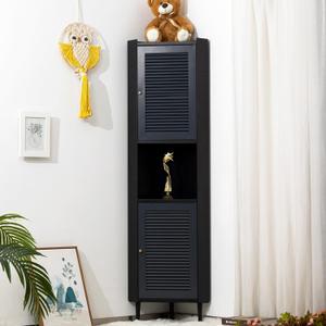 HollyHOME 68.5" Tall Corner Metal Storage Cabinet, Narrow Linen Tower Cabinet with Shelves and Shutter Door, Freestanding Floor Slim Organizer Cupboard for Living Room, Kitchen Pantry, Black&Grey