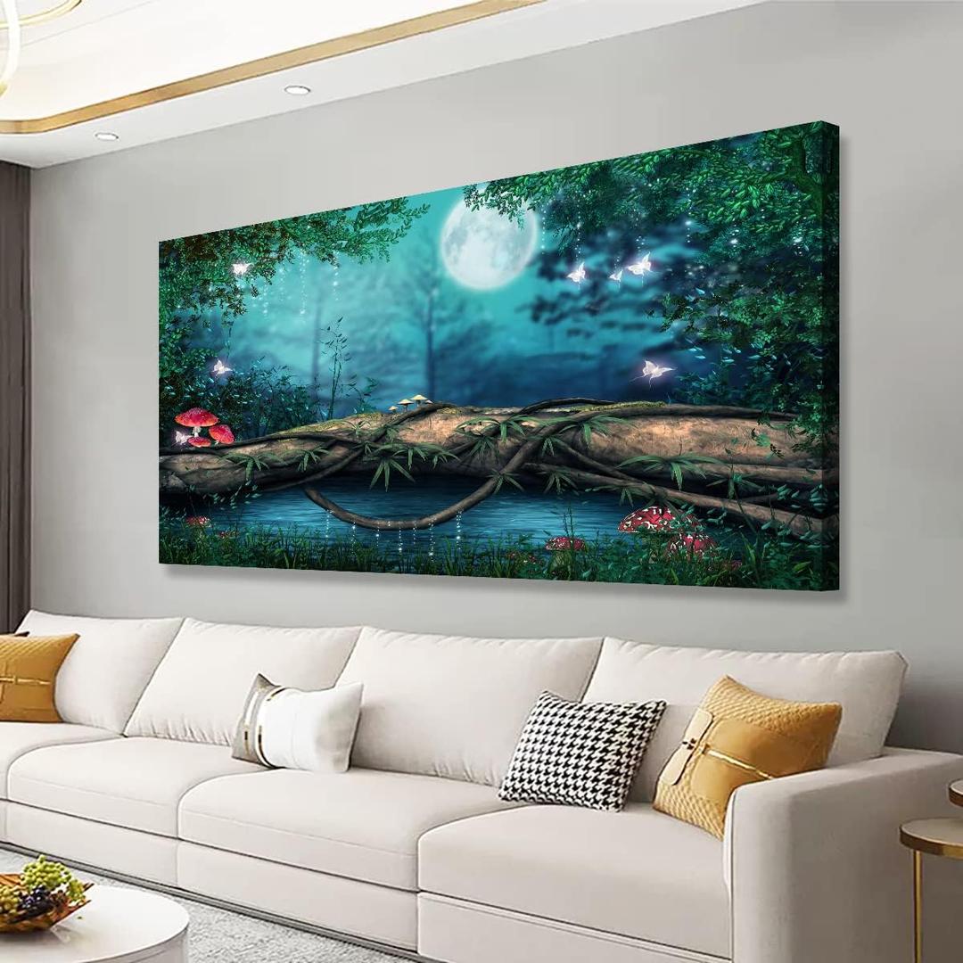 Lake Water Pictures Canvas Wall Art for Living room Bedroom Wall Decor,Tree Wall Art Print Paitnings for home Decor,Morden Artwork Dream Picture Moon Canvas Art Waterproof Stretched Ready to (40"L x 20"W)