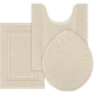 SHACOS Microfiber Bathroom Rugs Set of 3 with Toilet Lid Cover Non Slip Washable Bath Mat Absorbent Bathroom Carpet 16"x24"+U Shape Toilet Rug 20"x24"+Toilet Lid Cover 19"x21", Light Beige