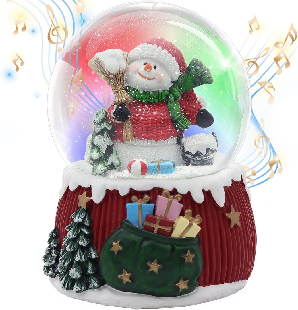 Christmas Snow Globe,Musical Water Globe with 8 Music & Colourful Lights,100mm Holiday Glitter Globe,Christmas Home Decoration,Xmas Gifts for Kids（Broom）