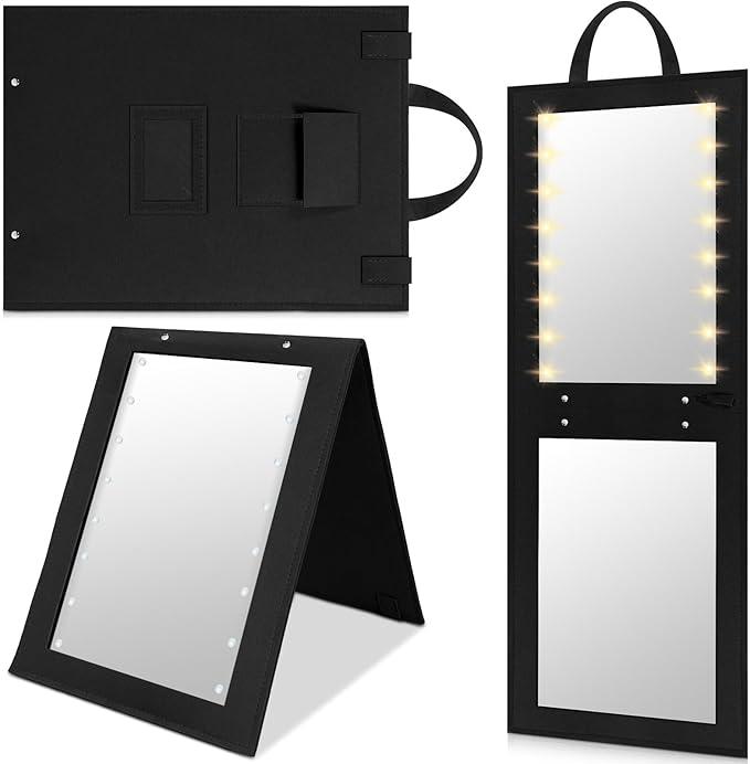 Youyole 1 Pack Foldable Mirror Portable Full Length with Light 31.5x11.8 Inch Hanging Folding Mirror for Backstage Dancers Travel Home Fitness Spa Gift(Black)