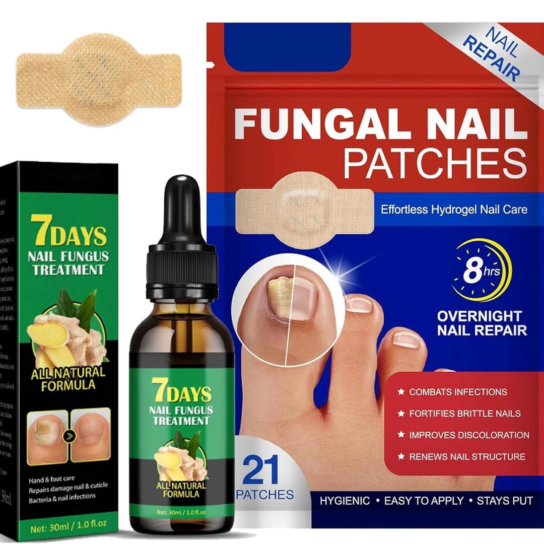 Fungal Nail Patches & Ginger 7 Days Nail Treatment  Daily Nail Support for Stronger, Clearer Looking Nails  Easy-to-Use Hydrogel Patches + Natural Formula, 21 Patches & 30ml