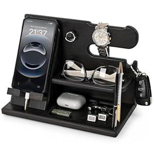 TESLYAR Wood Phone Docking Station for Men - Desk or Nightstand Organizer - Birthday Gifts for Husband, Dad - Anniversary Idea from Wife - Key Holder, Stand Wallet, Watch & Essentials (Bourbon Brown)