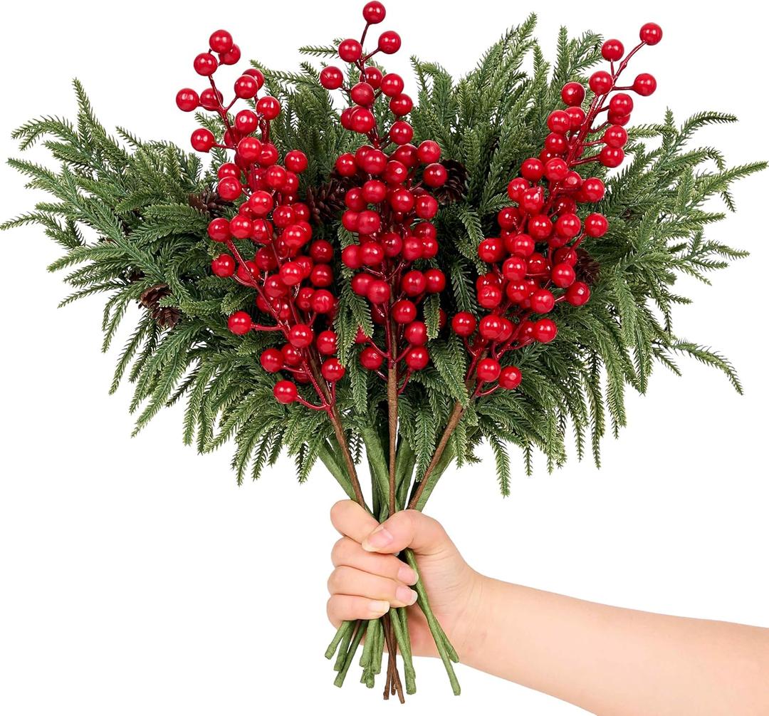 12 Pack Artificial Norfolk Pine Branches 17.7" Christmas Artificial Pine Stems with Red Berry Stems Fake Pine Needles Picks for Vase DIY Crafts Garland Wreath Xmas Indoor Home Decor
