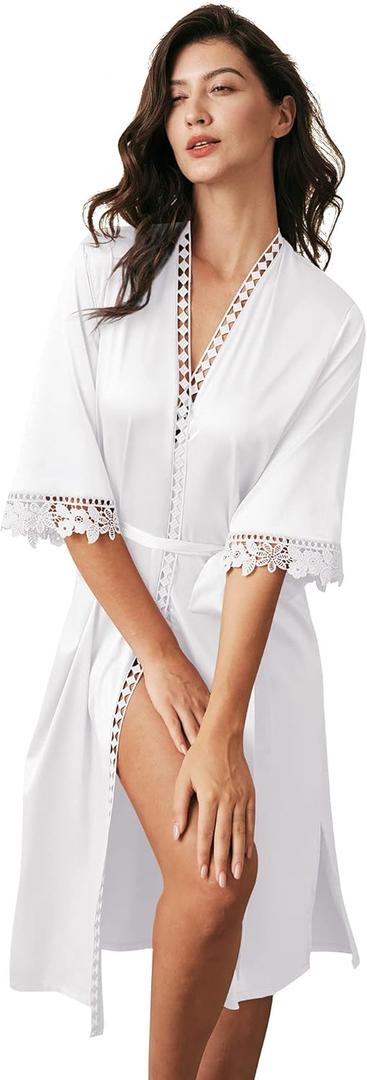 AW BRIDAL Women's Satin Kimono Robe - Bridesmaid Lace Lingerie Sleepwear for Wedding Party, White L (White, L)
