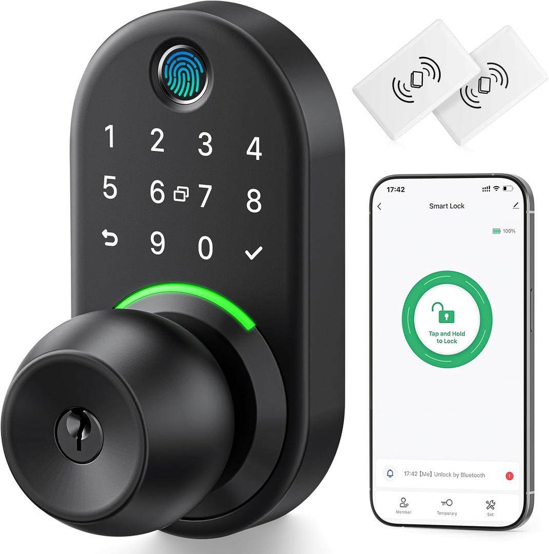 Keypad Smart Door Lock with Knob, Yamiry Keyless Entry Digital Lock with Handle, Fingerprint Electronic Knob for Front Door, Generate Passcode Remotely, Easy Installation