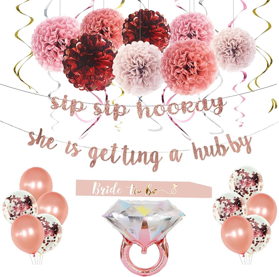 Bachelorette Party Decorations Bridal Shower Supplies Rose Gold Kit Ring Balloons,Banner,Swirl,Paper Pom Poms,Bride to Be Sash for Hens Night Party Decoration