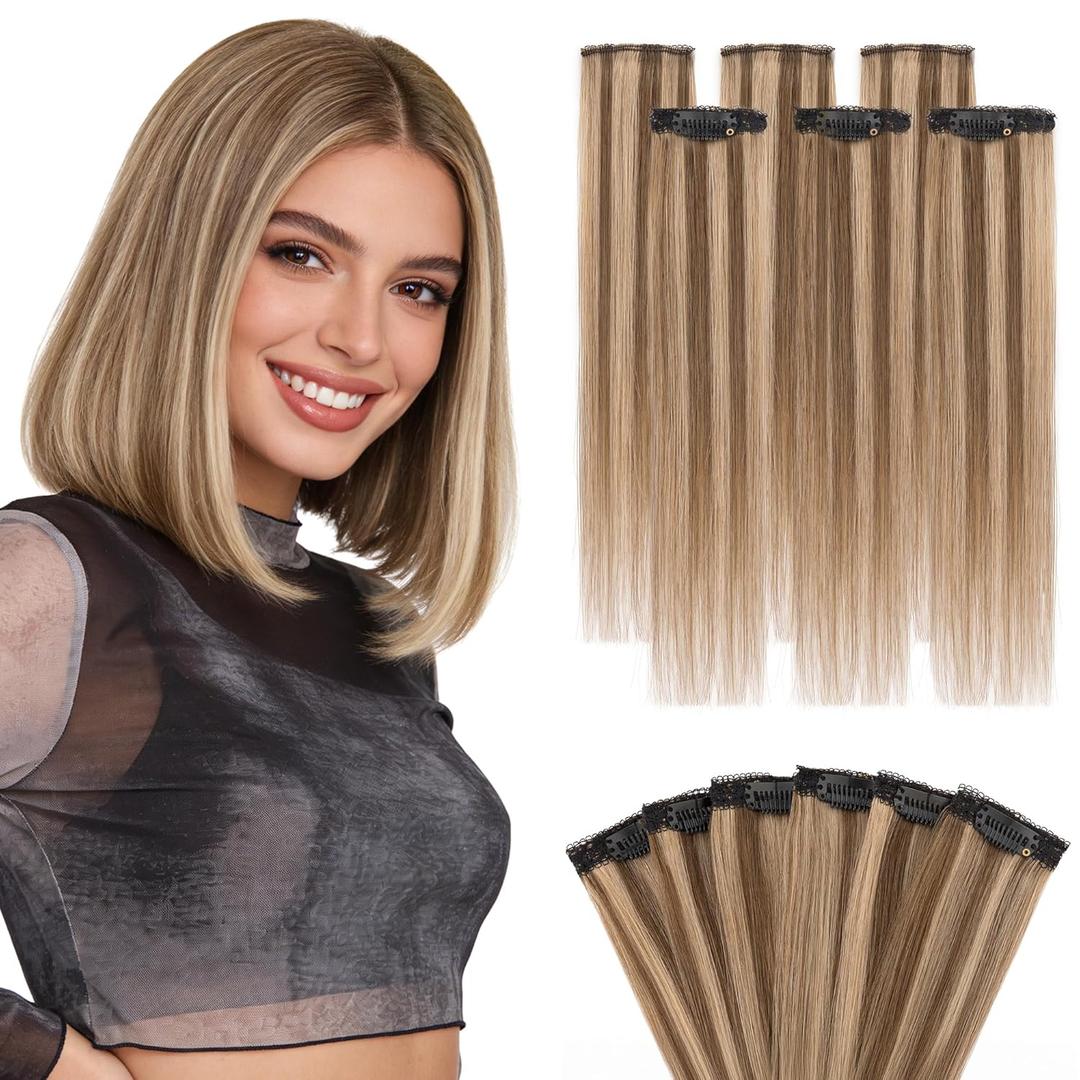 S-noilite Clip in Short Hair Extensions Remy Real Human Hair 6pcs Single Mini Clip on Hairpin Hairpiece for Women for Highlight, 10 inch Highlight Brown & Honey Blonde