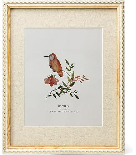 Wontree 11x14 Nature Picture Frame, GoldToned Rope Edging, Pine Wood with Real Glass, Display 11x14 Photos Matted to 8x10, Vertical and Horizontal Desk Tabletop or Wall Hanging