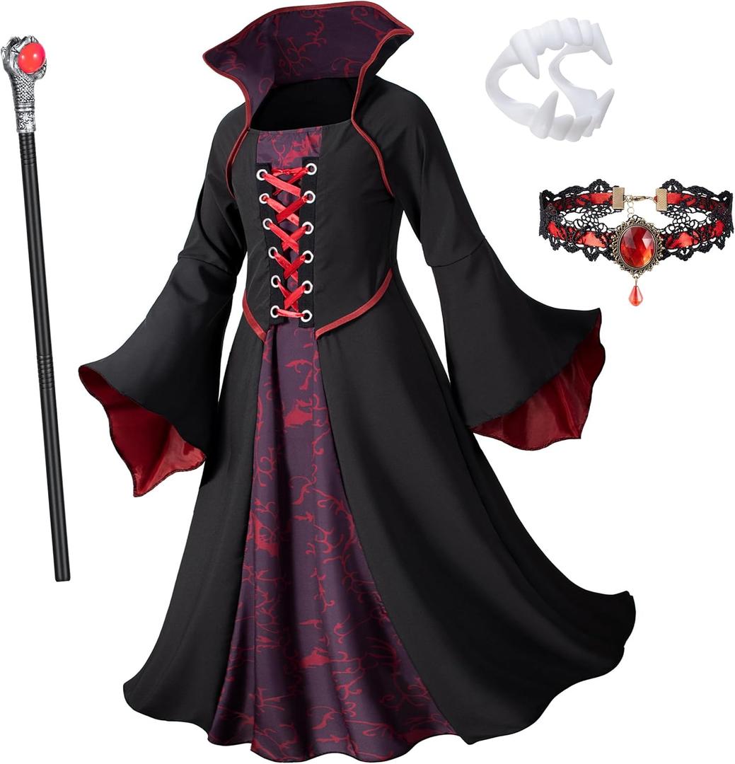 Vampire Costume Set for Girls Halloween Dress Up with Vampires Props (Fangs, Wand, Choker) 3-12 Years (4-5 Years, Black & Red)